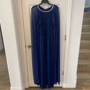 &M Richards Sheer Cape Blue Dress with Embellished Trim